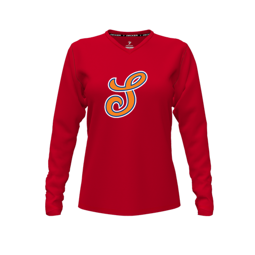 [FTLVCFRD-FYXS-LOGO2] Decker Comfort T-Shirt (Female Youth XS, Red, V Neck, Logo 2, Long Sleeve)